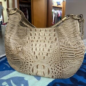 Brahmin Crocodile-Embossed Cream Shoulder Bag